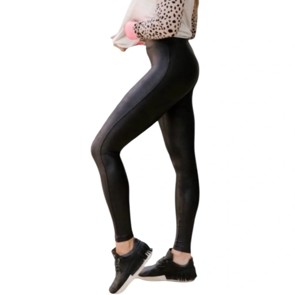 Assets by Spanx Black Faux Leather Leggings Tights Pants size Large